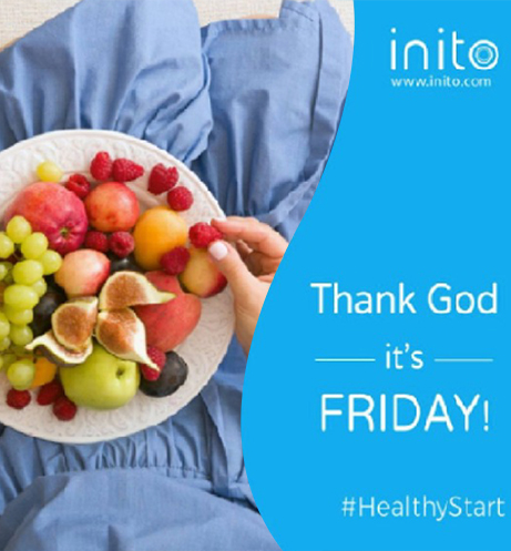 Person holding a plate of fresh fruits with "Thank God it's Friday!" and #HealthyStart on a blue background, Inito logo above.