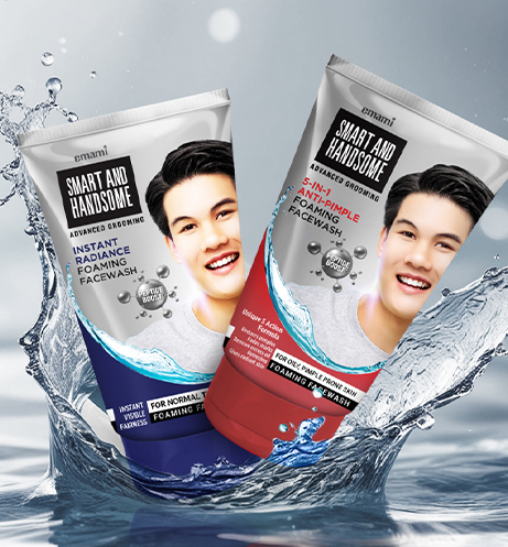 Emami Smart and Handsome Instant Radiance and Anti-Pimple Foaming Facewash tubes splashing in water.
