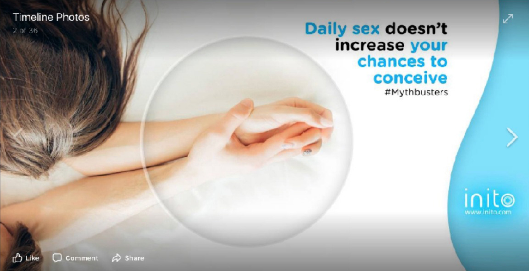Couple lying in bed holding hands with text: "Daily sex doesn't increase your chances to conceive #Mythbusters."