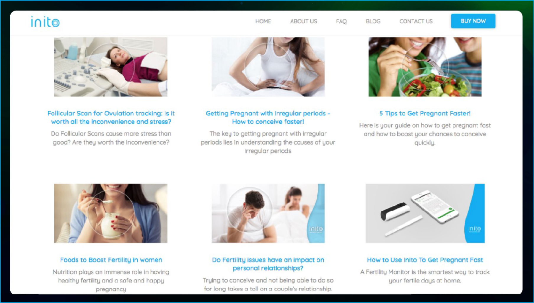 Inito website page showing articles on fertility, pregnancy tips, nutrition, relationships, and using a fertility monitor.