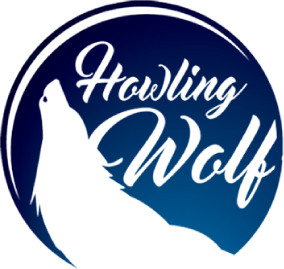 Howling Wolf logo with a white wolf silhouette and cursive text on a blue circular background.
