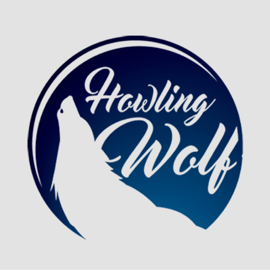 Howling Wolf logo with a white wolf silhouette and cursive text inside a blue circular background.