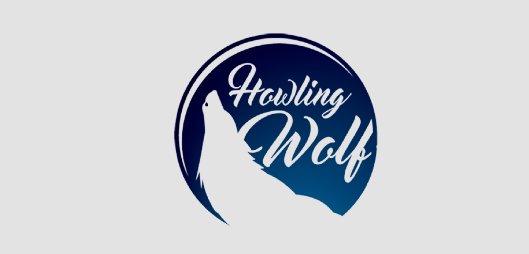 Howling Wolf logo with a white wolf silhouette and cursive text inside a blue circular background on light grey.