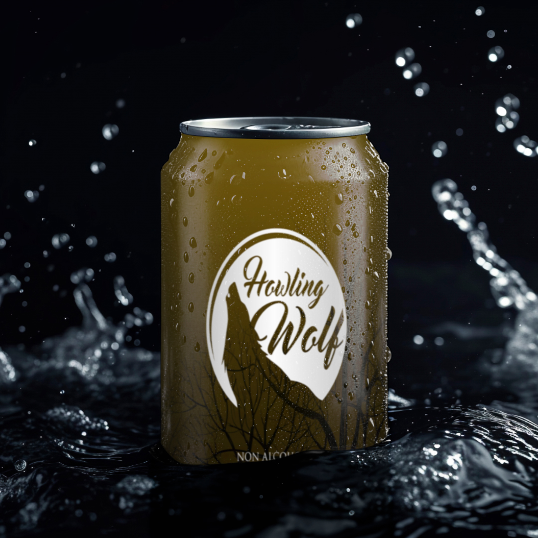 Howling Wolf non-alcoholic beverage can with water droplets, surrounded by splashing water on a dark background.