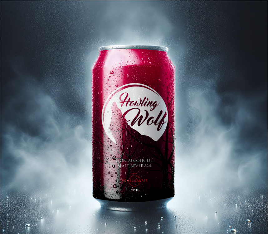 Howling Wolf pomegranate non-alcoholic malt beverage can with water droplets and mist in a dramatic, chilly setting.