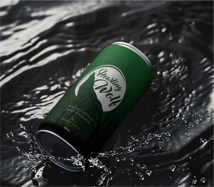 green apple non-alcoholic malt beverage can with water droplets, floating in dark splashing water.