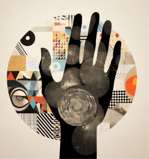 A black hand silhouette overlaps a colorful geometric circle filled with abstract patterns and shapes.