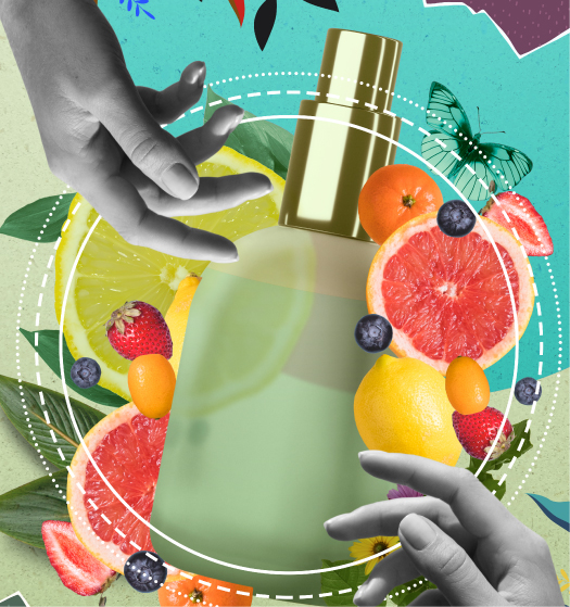 Hands reaching toward a spray bottle surrounded by assorted citrus fruits, berries, leaves, and a green butterfly.