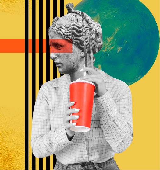 Person with twisted hair drinking from a red cup against a yellow background with black stripes and a green planet.