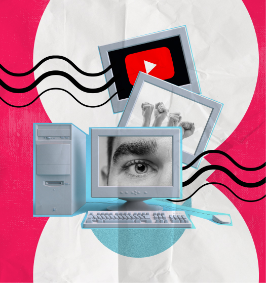 Vintage computer and YouTube logo with black wavy lines, set against a pink and white textured background.