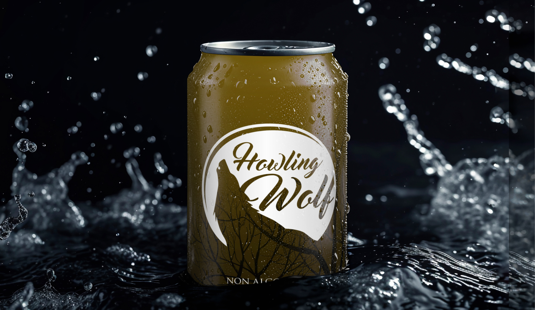 Howling Wolf non-alcoholic beverage can with water droplets, splashing in dark water against a black background.
