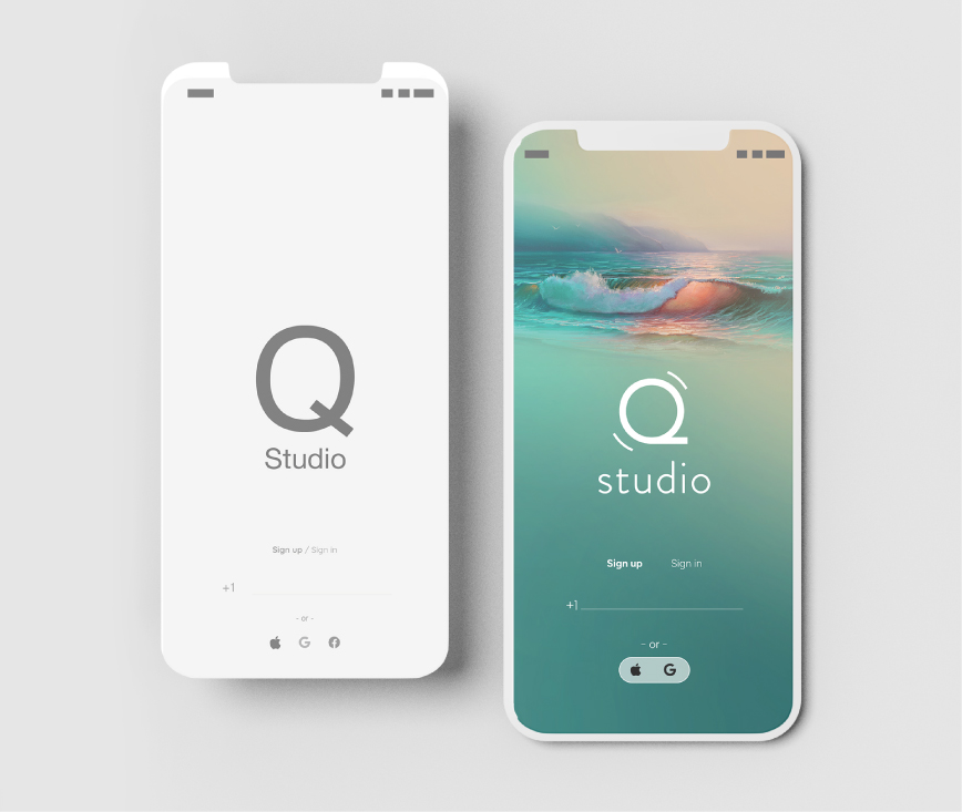 Two smartphones show Q Studio app sign-in screens, one in grayscale and one with a serene ocean wave background.