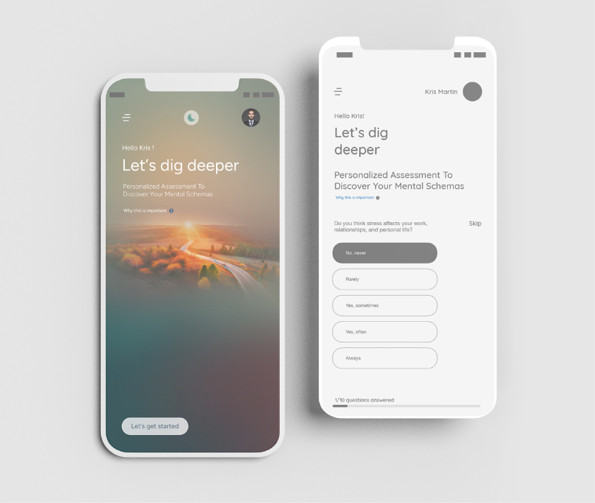 Two smartphones display a mental health assessment app with a calming landscape and interactive questionnaire screen.