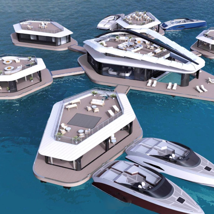 Modern floating luxury villas and yachts arranged on crystal blue water, showcasing futuristic maritime architecture.