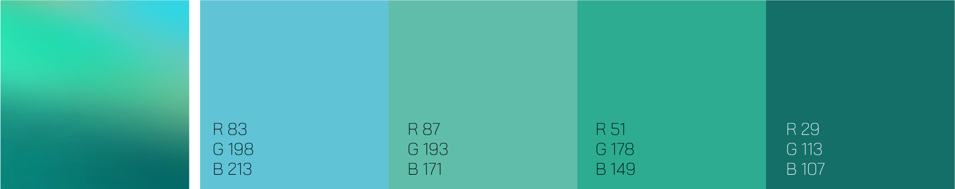 Five teal and green color swatches with RGB codes, starting from light blue to dark teal, shown from left to right.