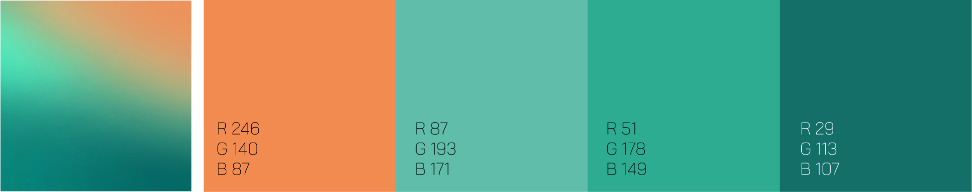 Five color swatches with RGB codes, featuring orange and teal-green shades, shown from left to right in rectangles.