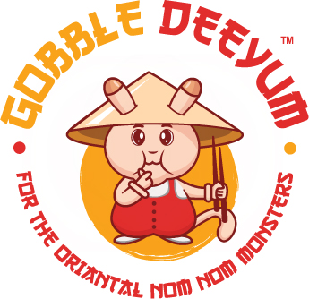 Gobble Deevum logo with cartoon character in conical hat making shush gesture, "original nom nom monsters" text