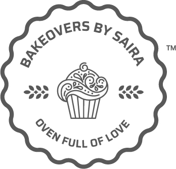 Bakeovers by Saira circular logo with decorative cupcake, wheat sprigs, and "oven full of love" text in badge design