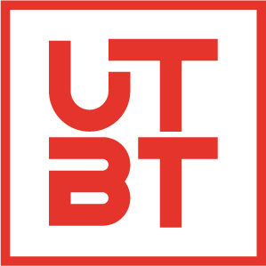 UTBT logo in bold red letters arranged in square grid format with white background and red border frame