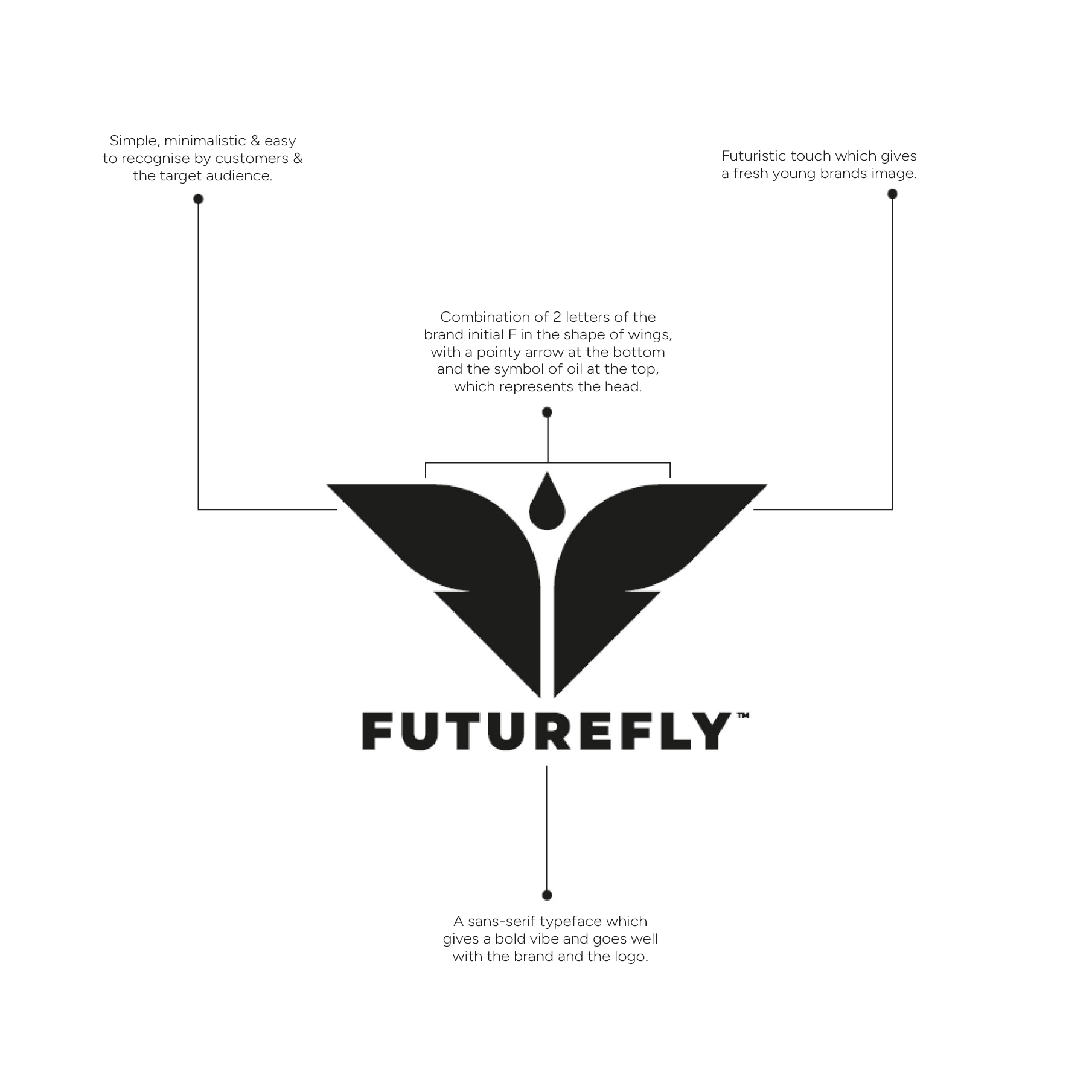 FutureFly brand identity guide showing logo design with explanatory text annotations around butterfly wing symbol