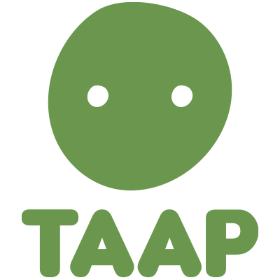 Green circular emoji with two eyes above the bold, rounded text "TAAP" in matching green on a white background.