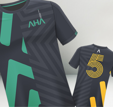 Front and back view of a dark sports jersey with green geometric patterns, AHA logo, and yellow number 5 on the back.