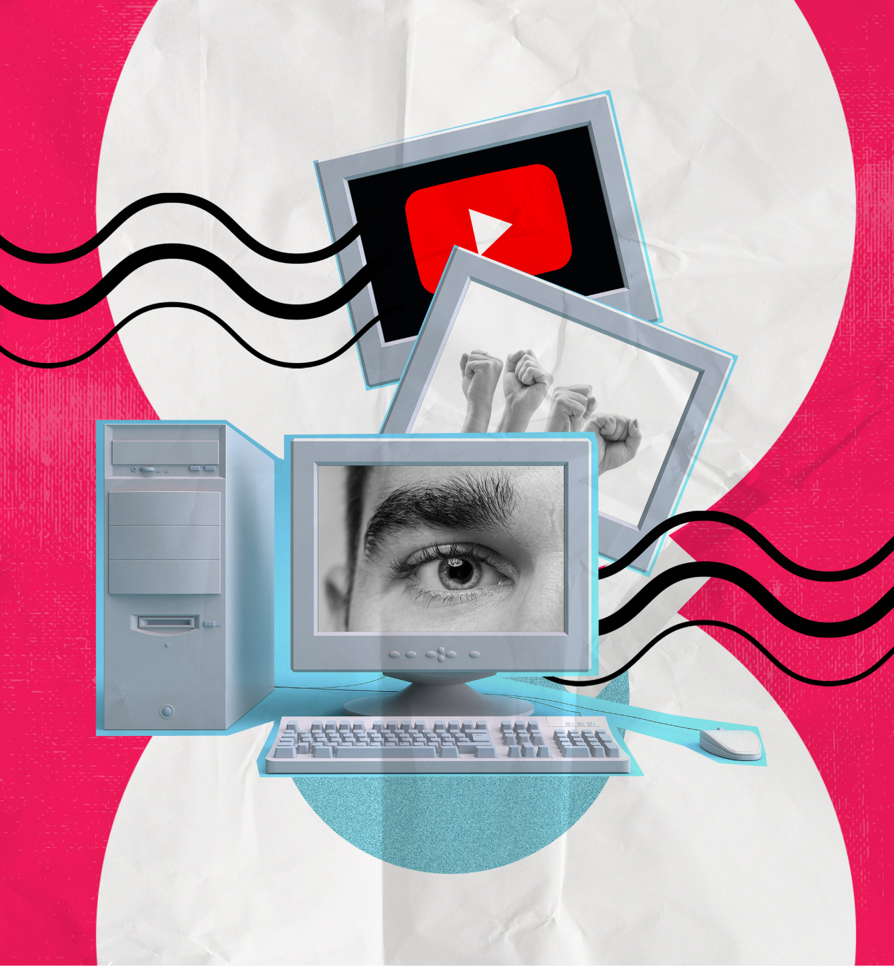 A vintage desktop computer displays a close-up eye, with photos of a YouTube logo and raised fists on a bold abstract background.