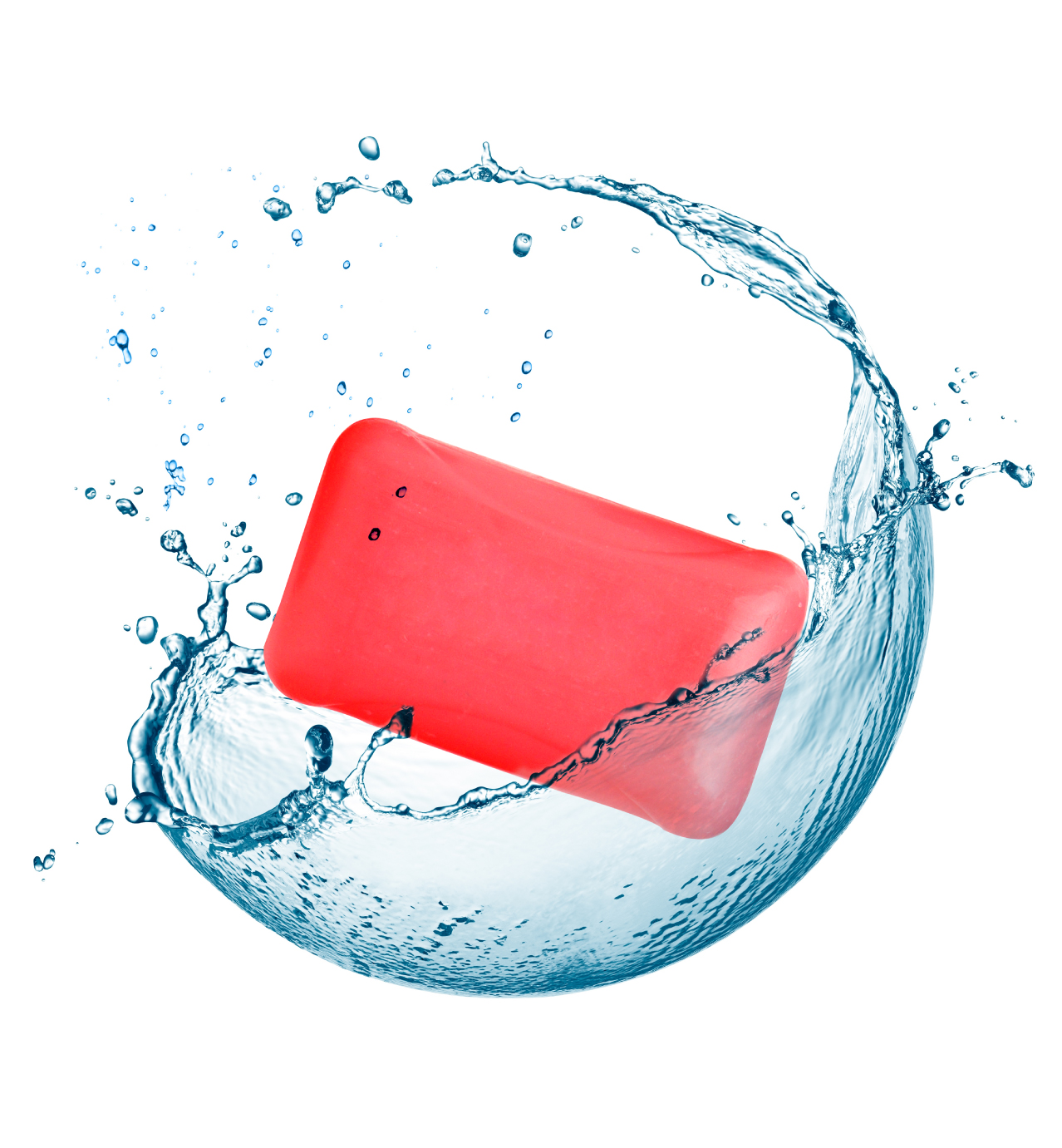 A red bar of soap splashing through clear water against a plain white background.
