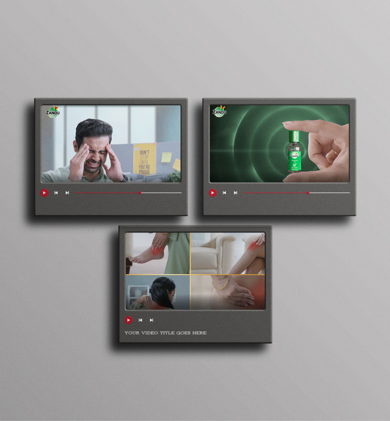 Three video player interfaces showing Zandu health product advertisements with pain relief demonstrations.
