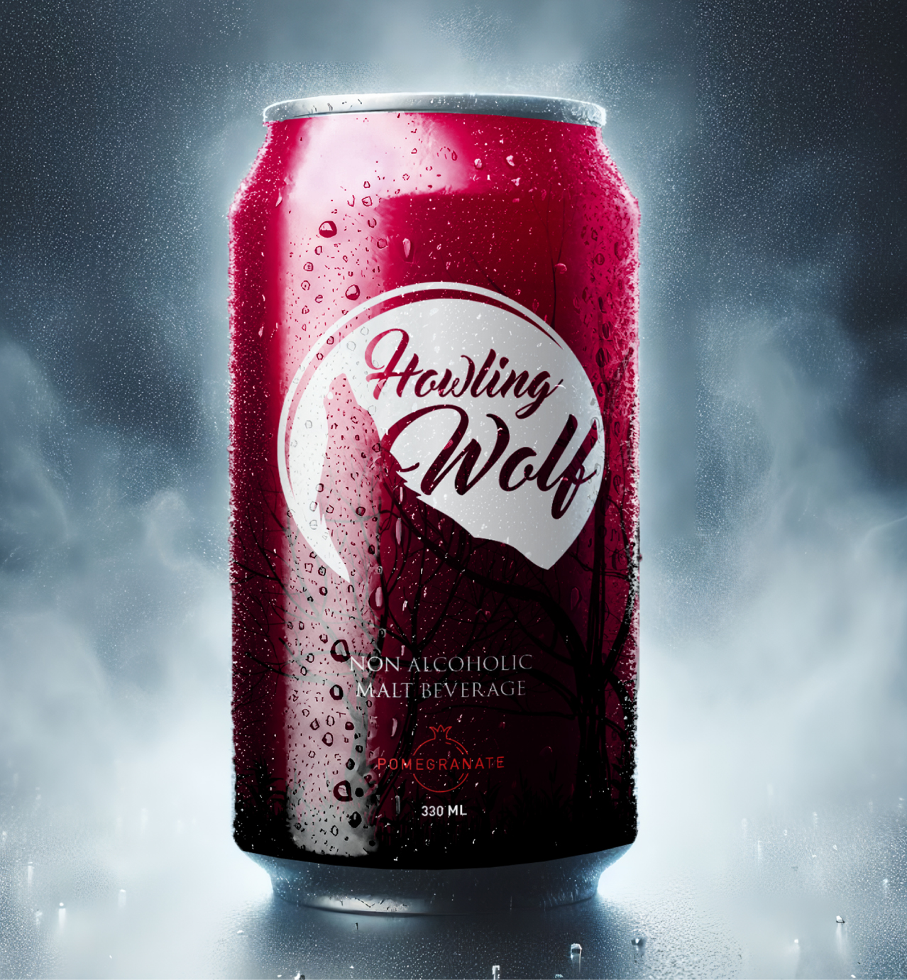 Howling Wolf pomegranate non-alcoholic malt beverage can, red with condensation and mist, featuring a wolf silhouette.