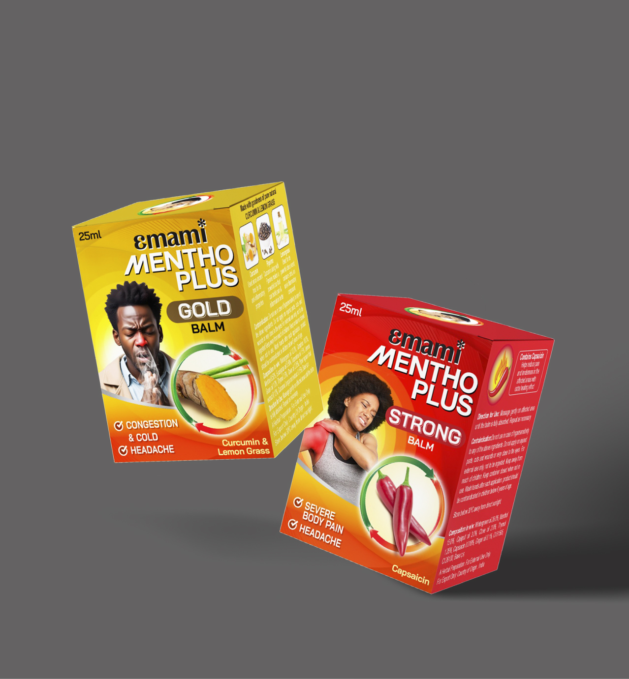 Emami Mentho Plus Gold Balm and Strong Balm boxes showing turmeric, lemongrass, and chilies for cold, headache, and pain relief.