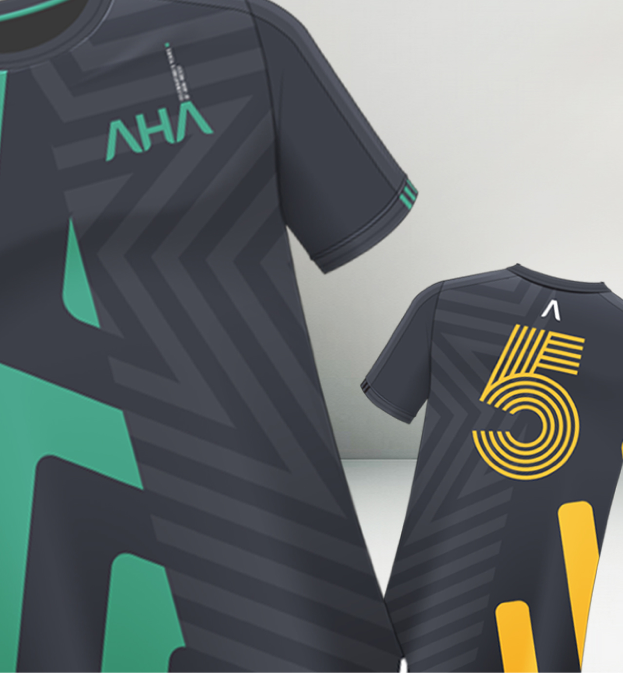 Dark sports jerseys with geometric patterns, "AHA" logo on front, and a large yellow number 5 on the back.