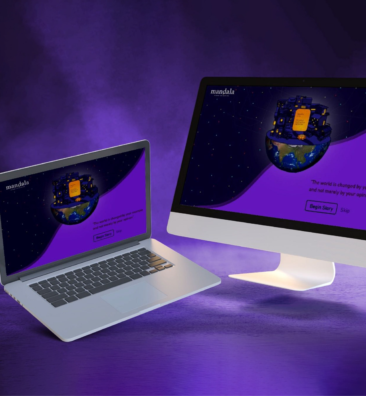 Mandala website story intro displayed on a laptop and desktop monitor with a cosmic theme and "Begin Story" button on a purple background.