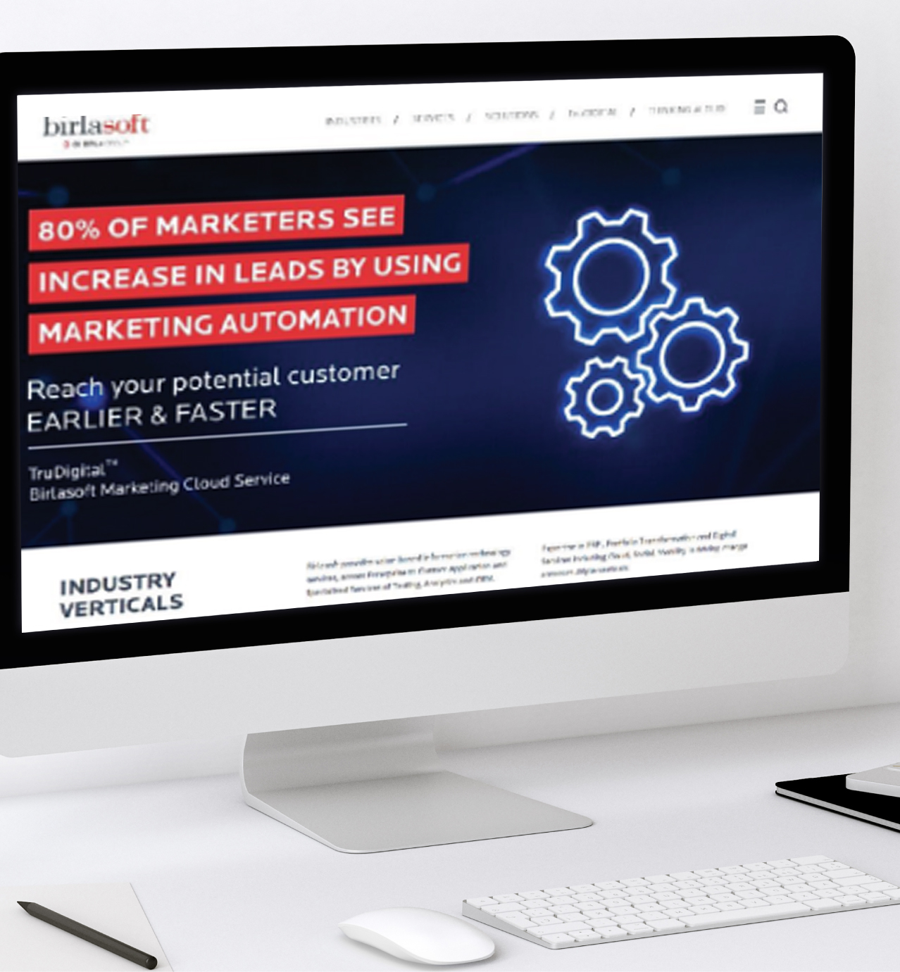 Birlasoft website on a desktop screen displays statistics about marketing automation and lead increases with gear icons.