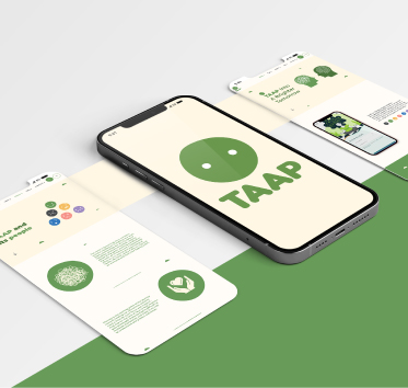 TAAP eco app shown on smartphone and two screens, featuring green icons and nature-themed content.