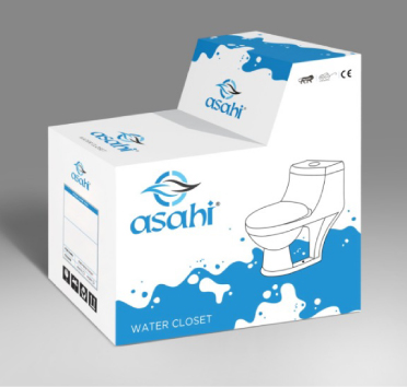 Asahi water closet packaging box with blue logo and toilet illustration on a white and blue design background.
