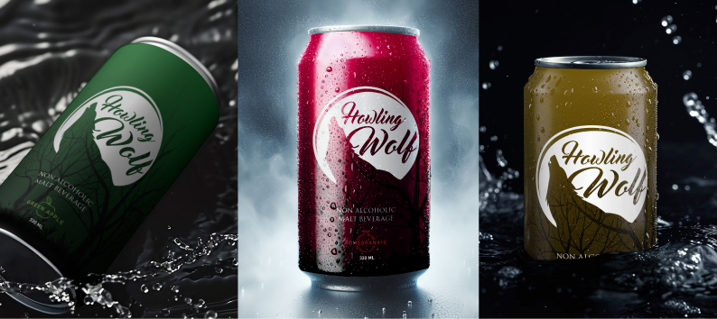 Three Howling Wolf non-alcoholic malt beverage cans in green, red, and brown colors with water splashes.