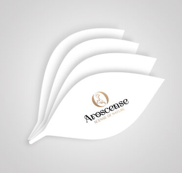Arosense "Scents of Nature" logo on layered, white leaf-shaped design against a light gray background.