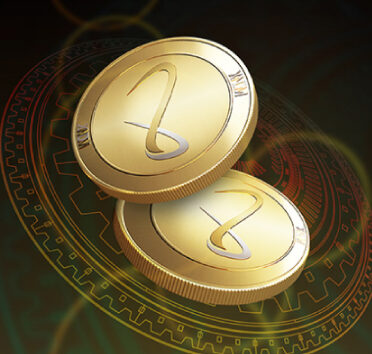 Two golden coins with "d" symbols on ornate circular pattern background.