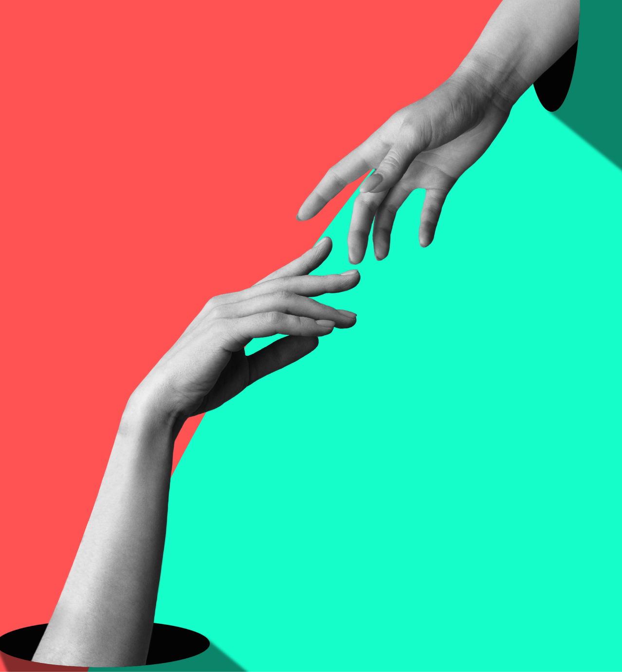 Two hands reaching toward each other against a split red and teal background, with one hand emerging from a black circle.