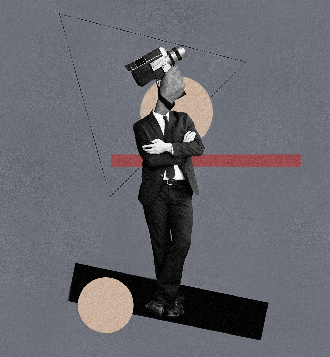 A man in a suit stands with crossed arms, with a video camera for a head, on a geometric abstract background.