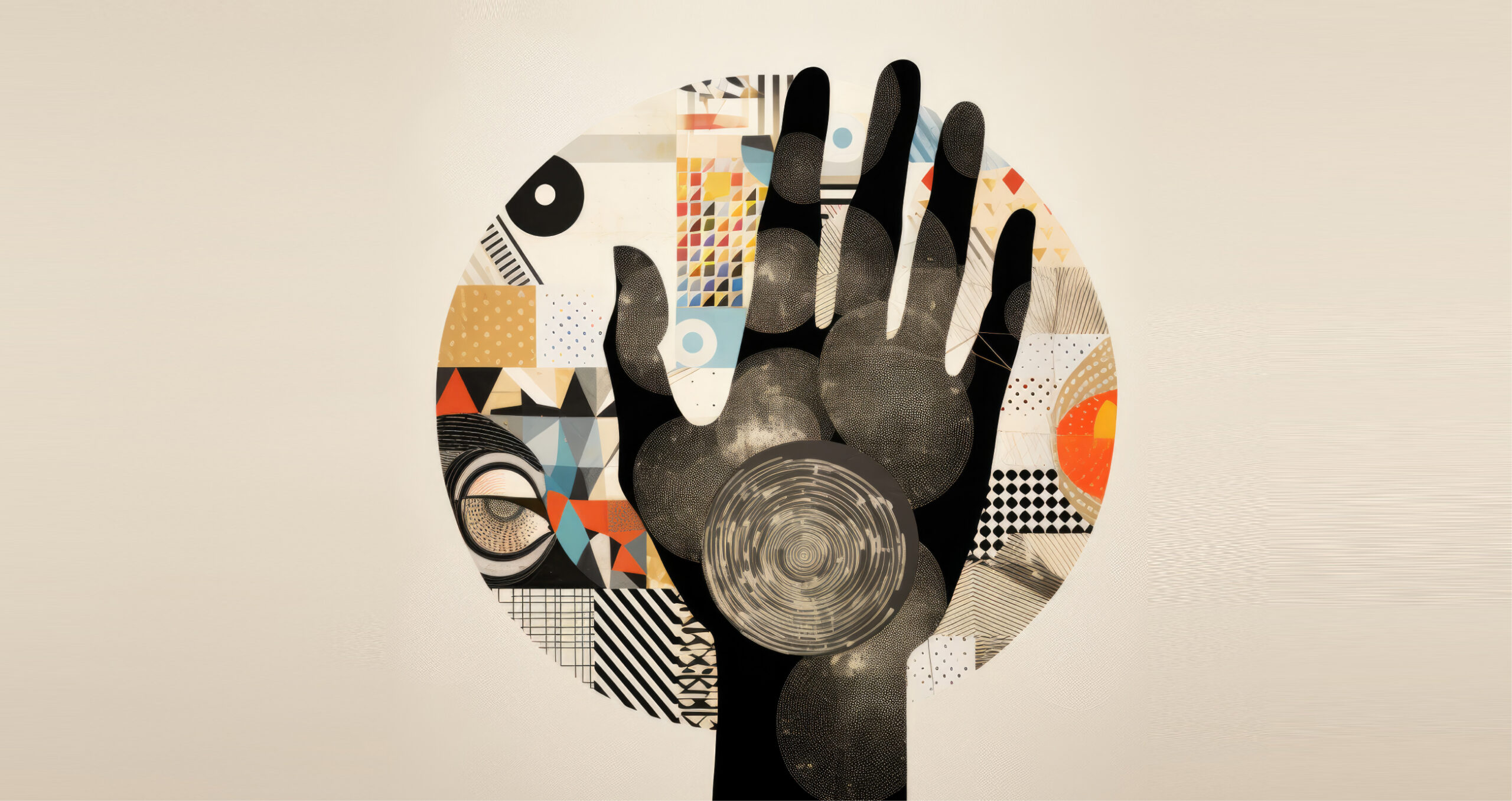 A black hand silhouette overlaps a circular field of colorful geometric patterns and abstract textures banner