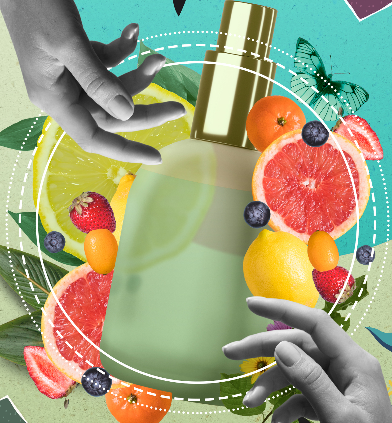 Hands reaching for a spray bottle surrounded by vibrant citrus fruits, berries, leaves, and a green butterfly on a teal background.