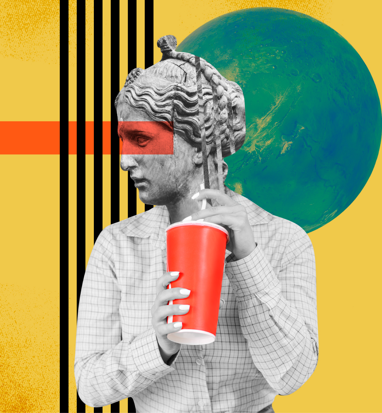 Person with sculpted hair drinks from a red cup against a yellow background with black stripes and a green planet.