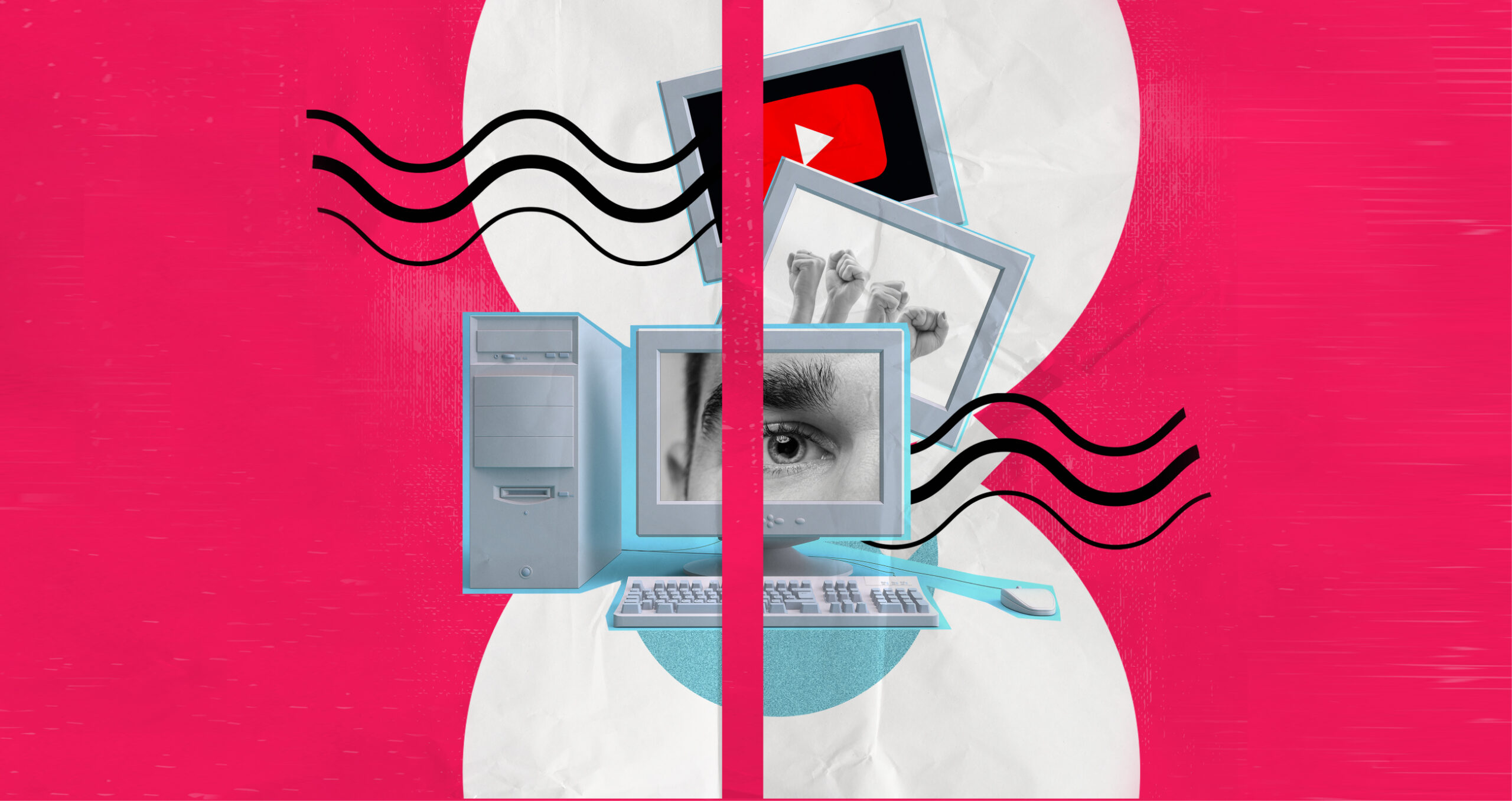 A vintage computer split by a pink line displays an eye, with images of a YouTube logo and raised fists on a bold background.