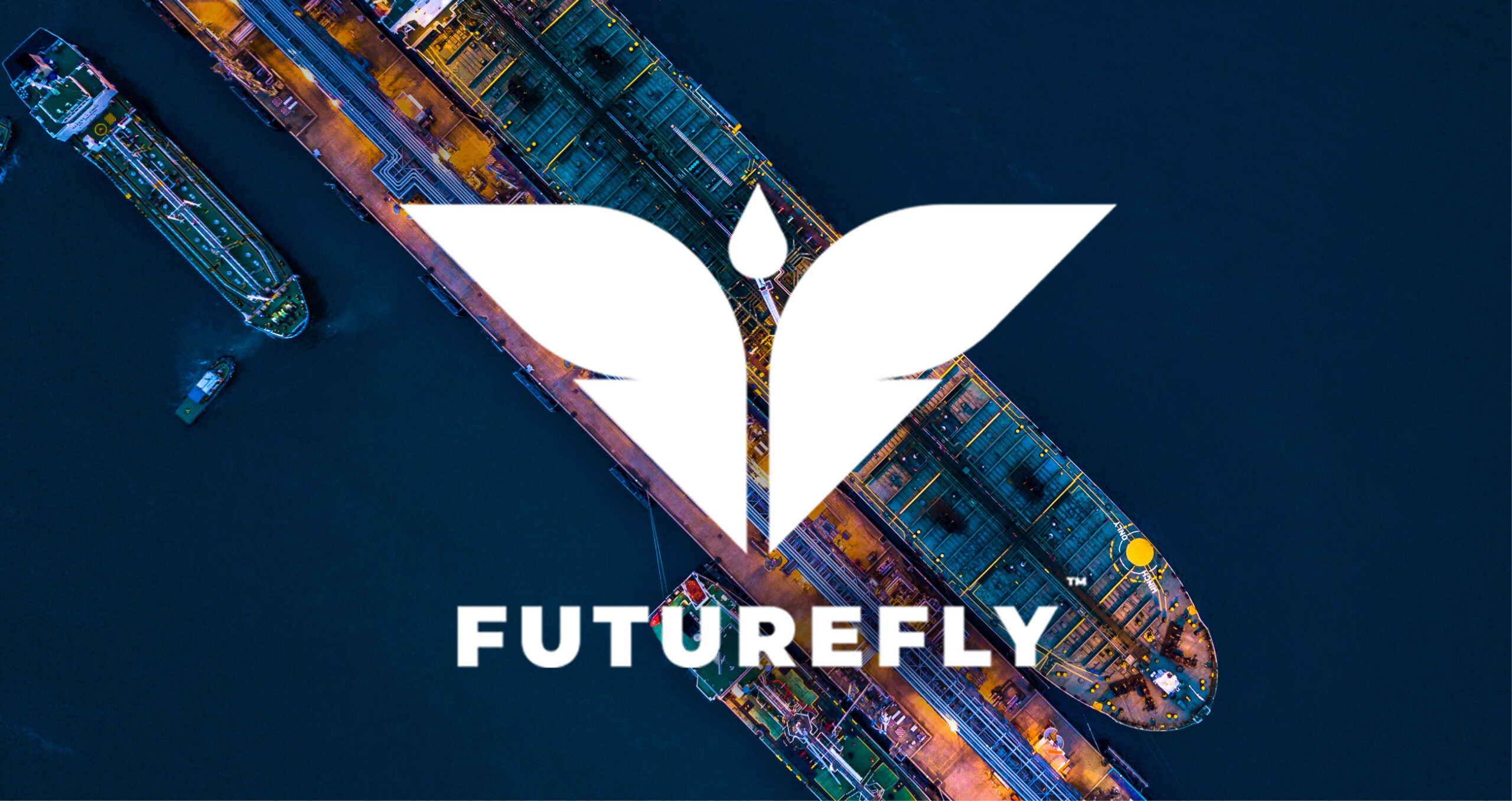 Aerial view of large ships at dock with a bold white FutureFly logo and text centered over deep blue water.