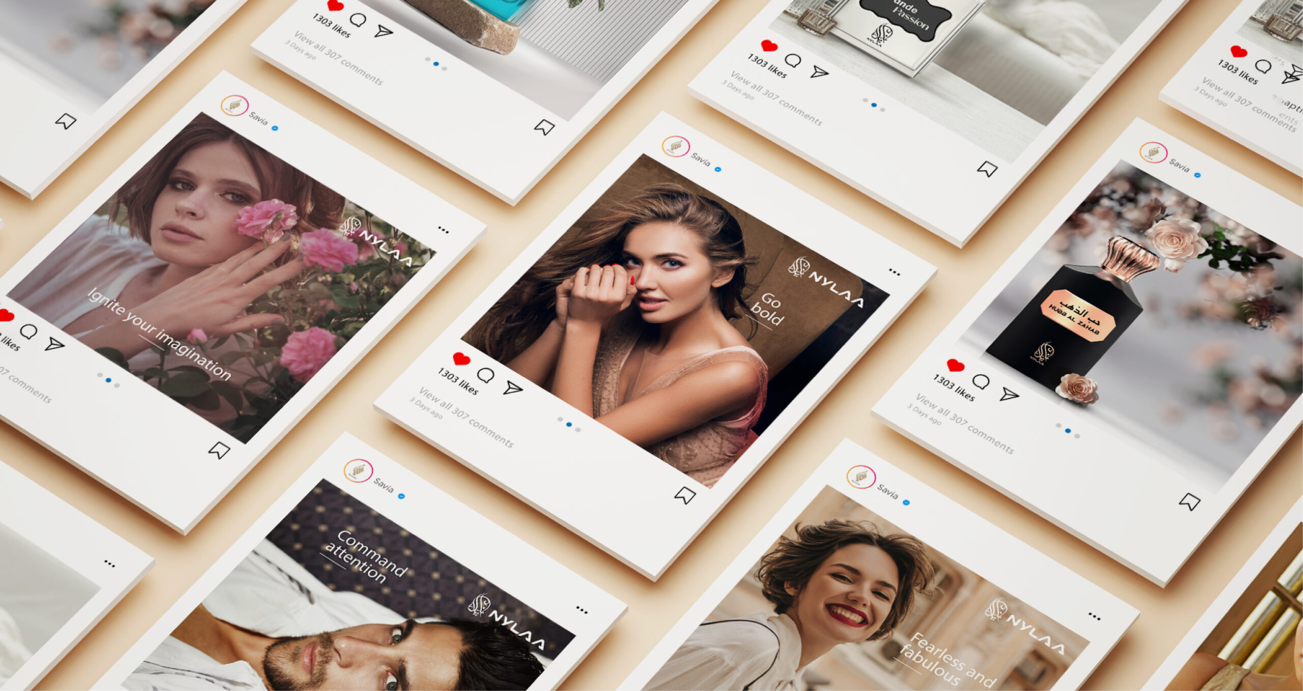 Nylaa Instagram posts showcase flowers, perfume, bold fashion, and empowering captions like "Ignite your imagination" and "Go bold."