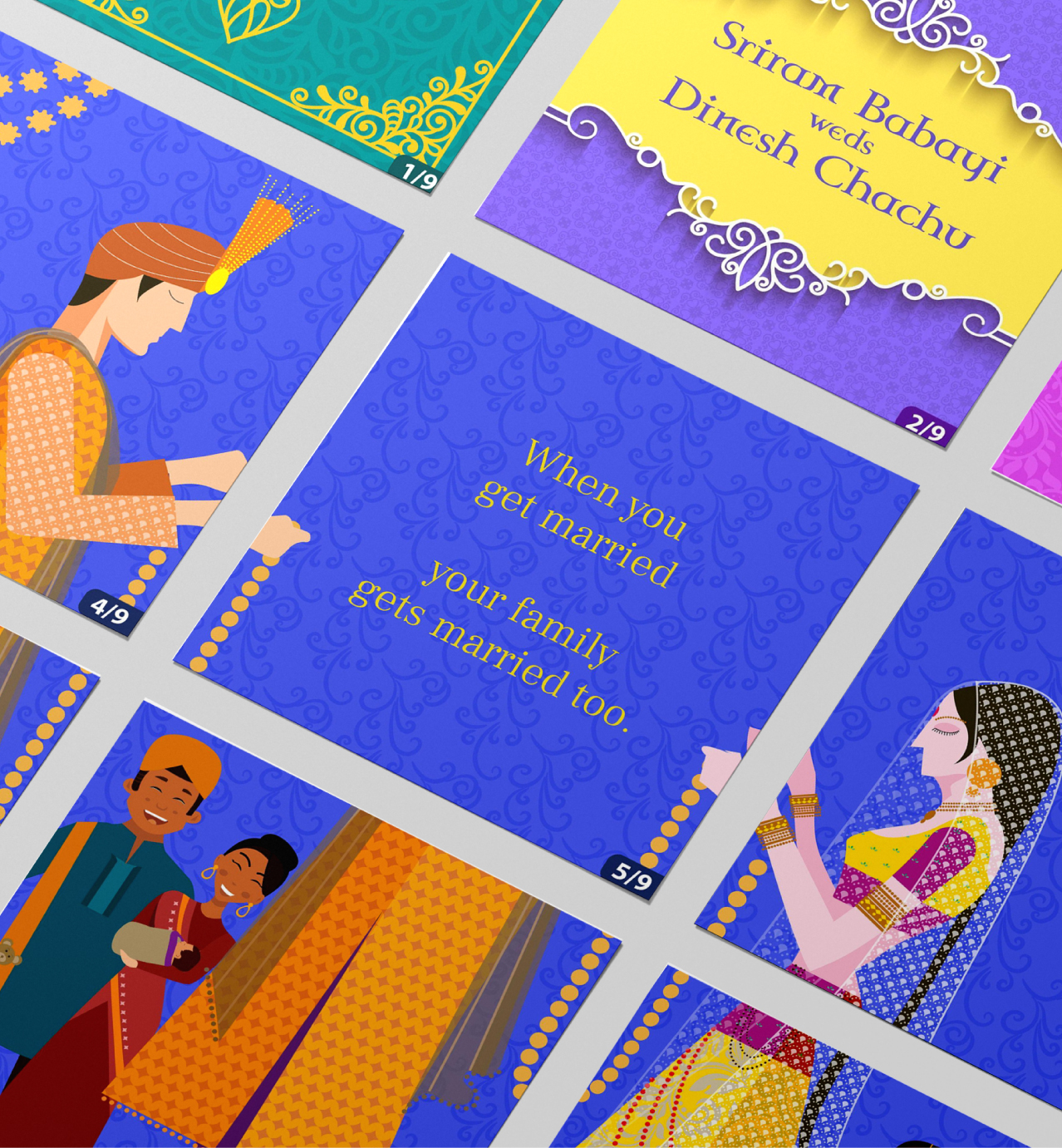 Colorful wedding invitation cards with Indian bride and groom illustrations and the quote "When you get married your family gets married too."