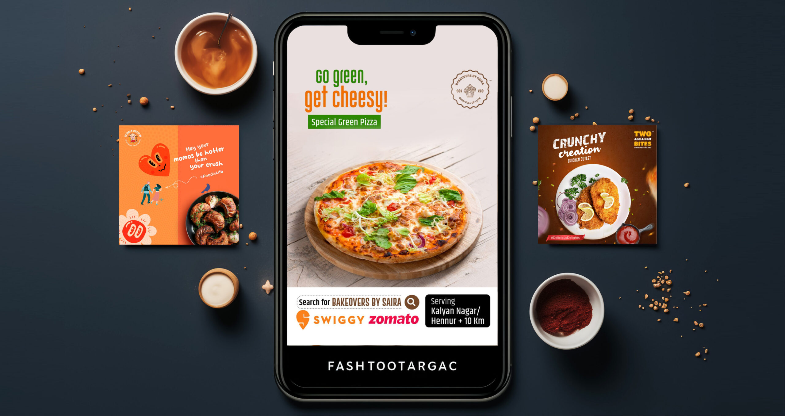 Mobile phone displays green pizza ad with "Go green, get cheesy!" surrounded by food items, drinks, and seasoning on a dark surface.