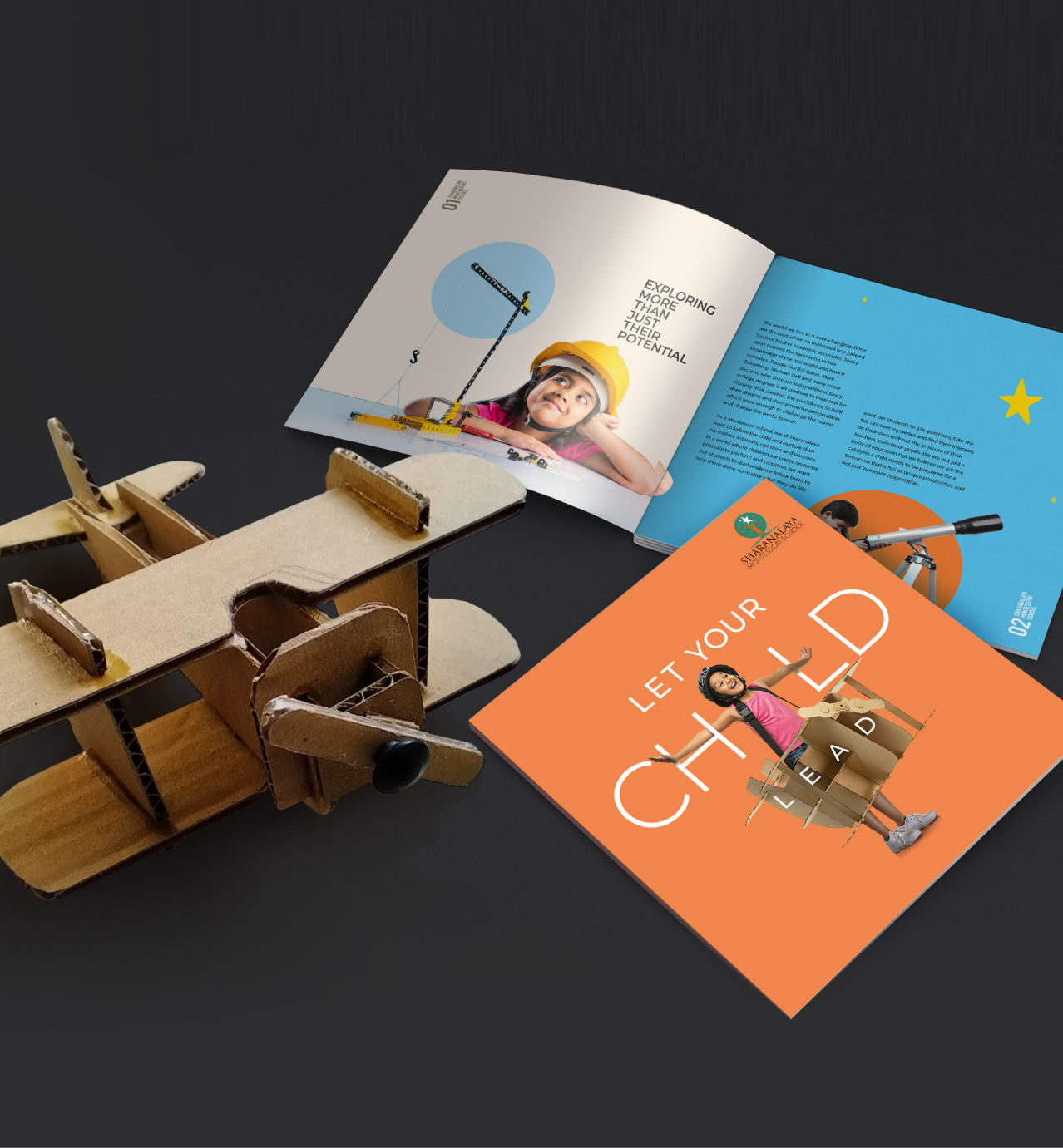 Cardboard airplane, an open booklet, and a cover reading "Let your child lead" with a child holding a toy plane.